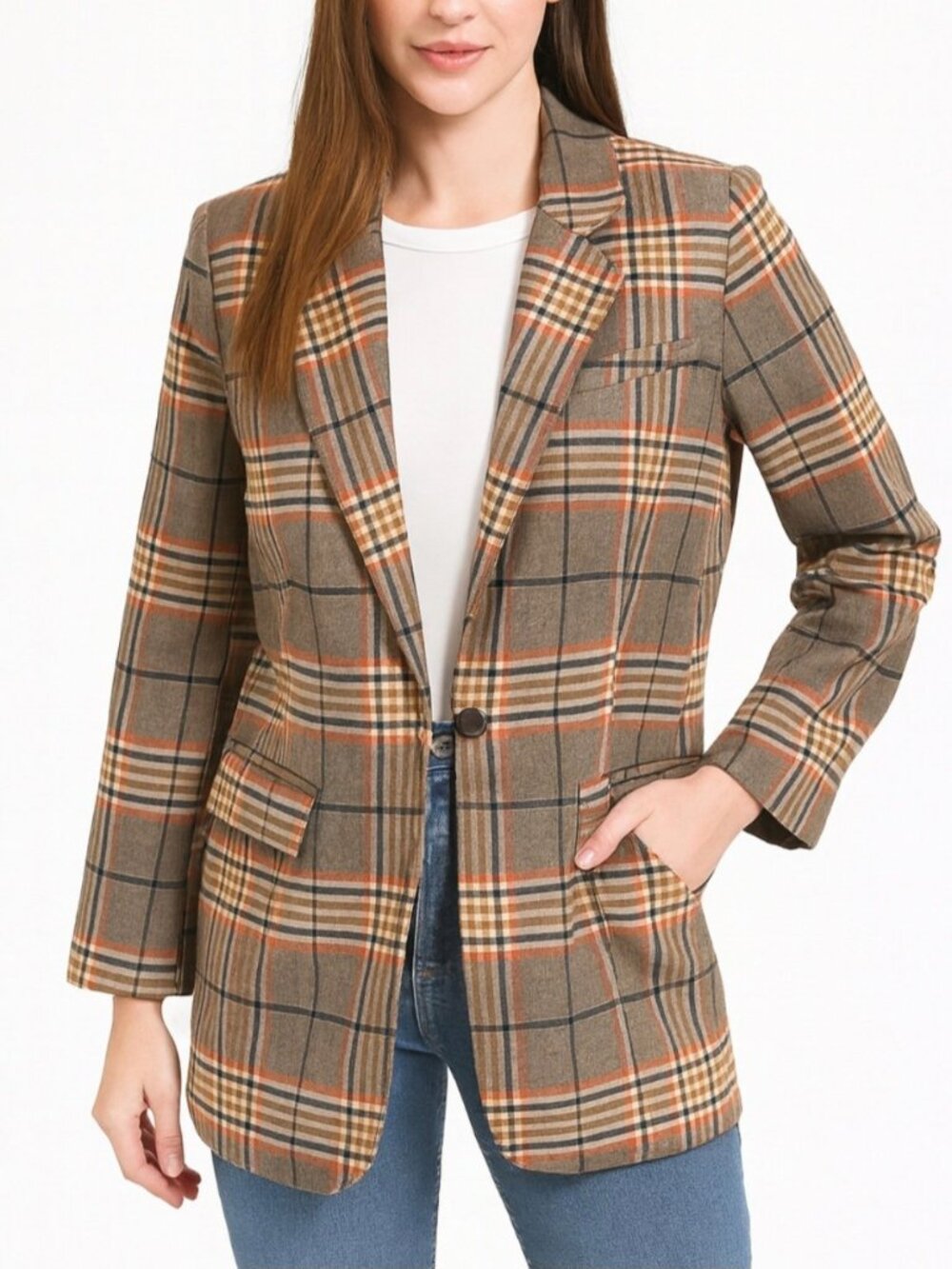 Forever 21 Women's Classic Plaid Jacket Blazer Brown Orange Size M